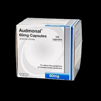 A box of autonomal 60mg Alverine citrate capsules on a white background.