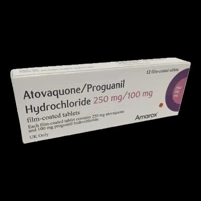 Atovaquone/Proguanil packaging which is available to order online from NowPatient with free next day delivery