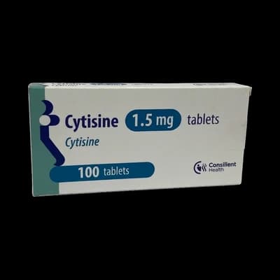 Box of cytisine 1.5 mg tablets, containing 100 cytisine tablets.