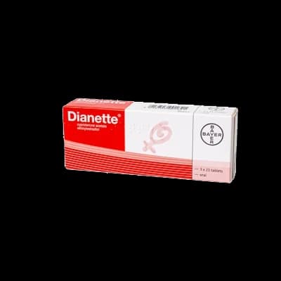 A box of Dianette on a white background.