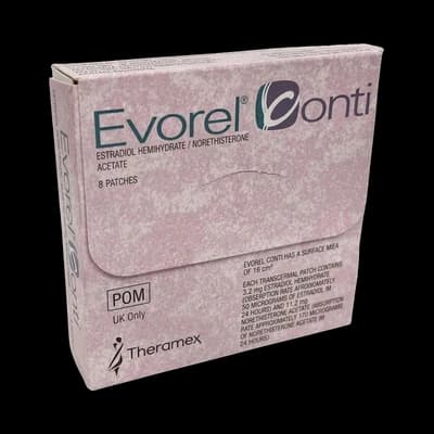 Evorel Conti packaging which is available to order online from NowPatient with free next day delivery