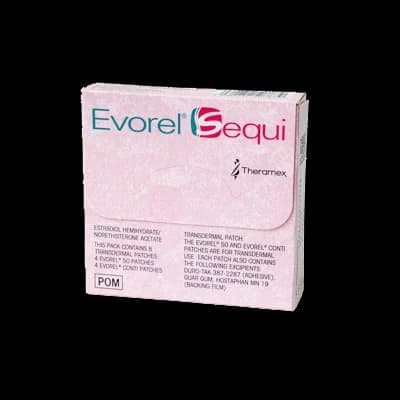 Evorel Sequi packaging which is available to order online from NowPatient with free next day delivery