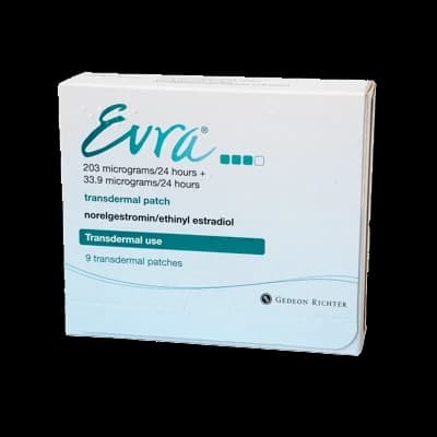 A box of Evra tablets on a white background.