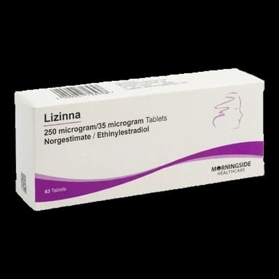 A white box of Lizinna tablets from Morningside Healthcare contains 63 tablets, each with 250 microgram/35 microgram Norgestimate/Ethinylestradiol.