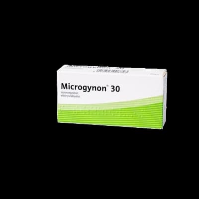 A box of Microgynon 30 contraceptives on a white background.