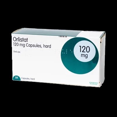 A box of Orlistat 120mg capsules on a white background.