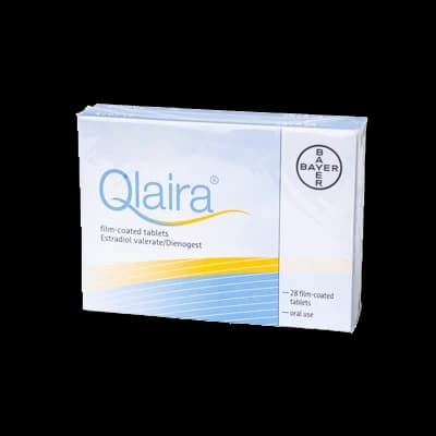 A box of Qlaira on a white background.