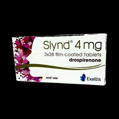 An image depicting a box of Slynd and the white Slynd tablets