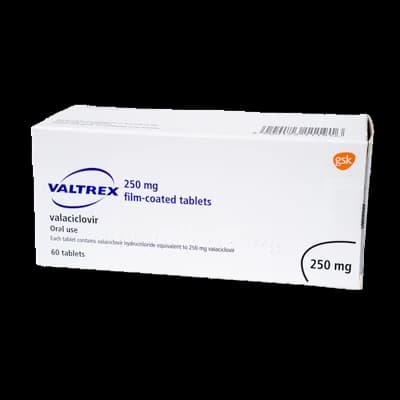 A box of Valtrex tablets on a white background.