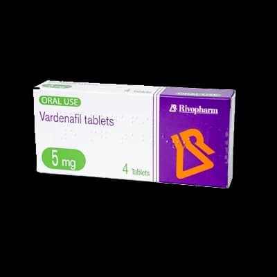 A box of Vardenafil tablets on a white background.