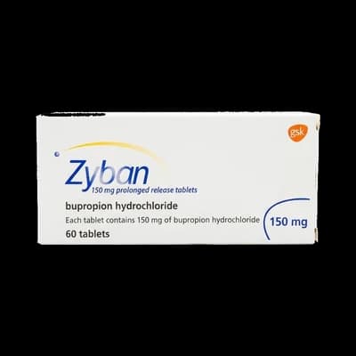 A package of Zyban 150 mg prolonged release tablets by gsk with 60 tablets inside for smoking cessation.