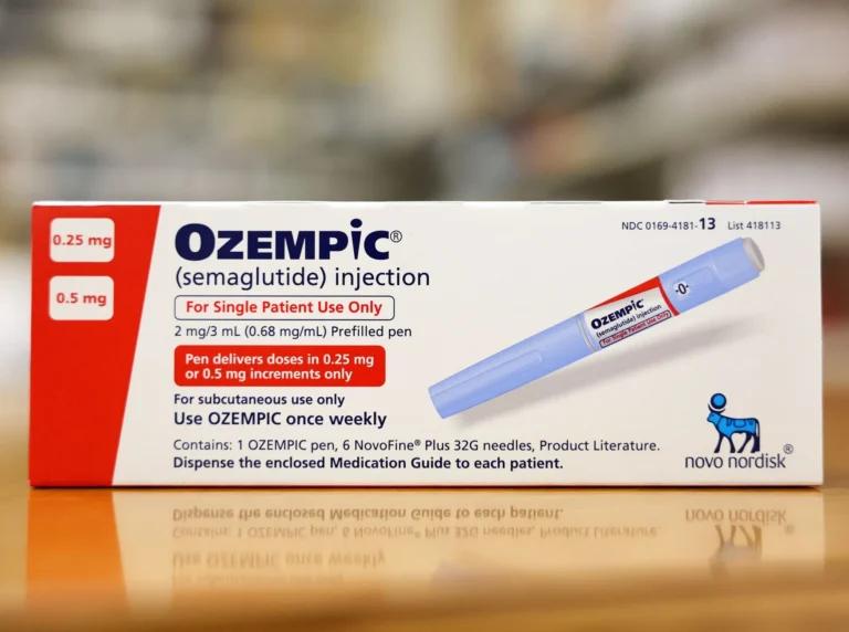 A box of Ozempic medication is placed on a table.