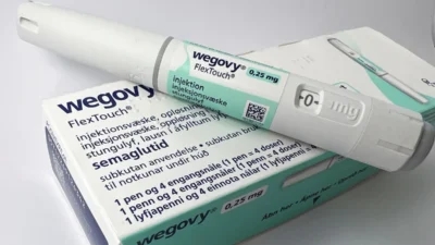 A box of Wegovy is sitting on top of a white table.