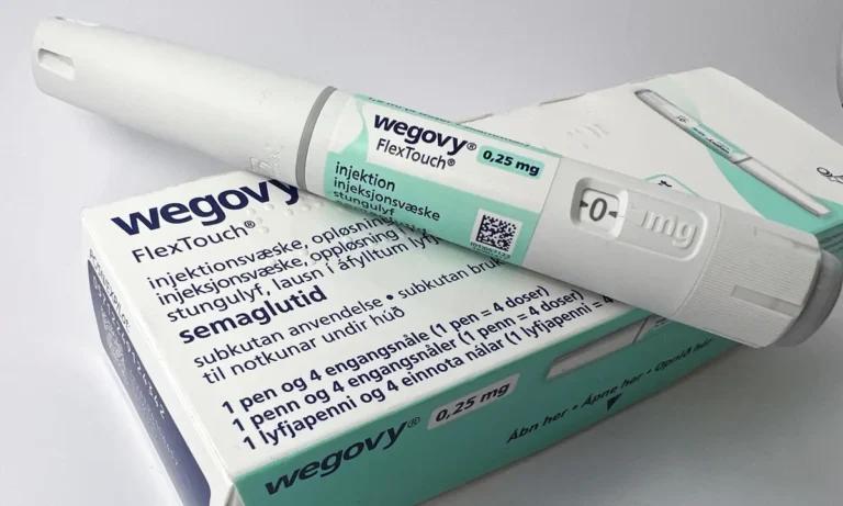 A box of Wegovy is sitting on top of a white table.