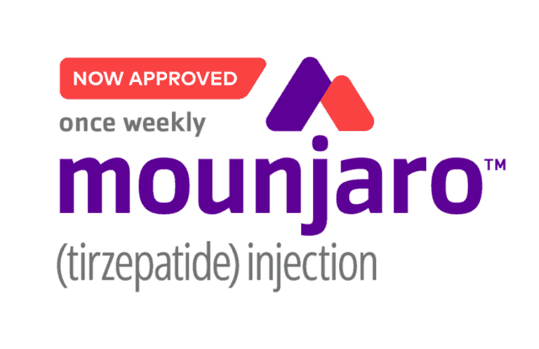 A logo with the words mounjaro tirzapatide injection now approved.