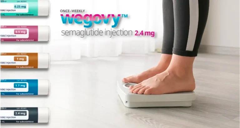 A woman is standing on a scale with a bottle of Wegovy, learning the correct steps for effective usage.
