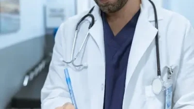 A male doctor in a hospital holding a clipboard providing Medicare advice for those still working.