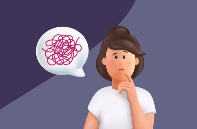 A woman with a speech bubble and a tangle of mental health report.