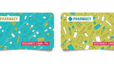 Two pharmacy bags with different designs on them, showcasing savings cards for drug coupons.