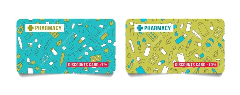 Two pharmacy bags with different designs on them, showcasing savings cards for drug coupons.