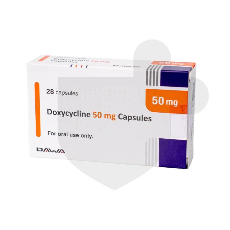 Doxycycline 50mg capsules on a white background.