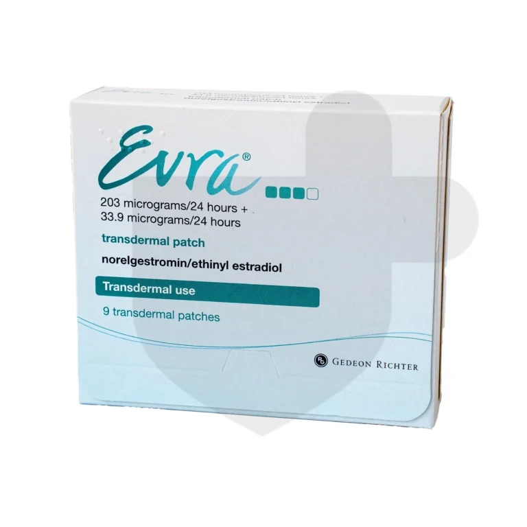 A box of Evra tablets on a white background.