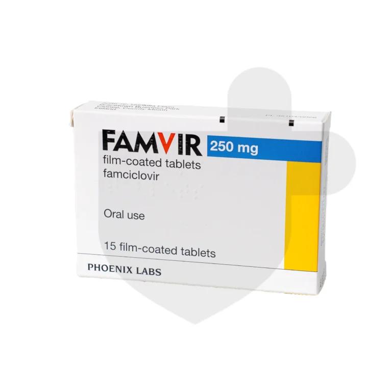 Famvir 500mg tablets on a white background.