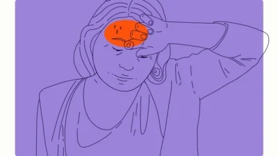 An illustration of a woman with a headache on her head, possibly indicating the challenges of weight loss during menopause.