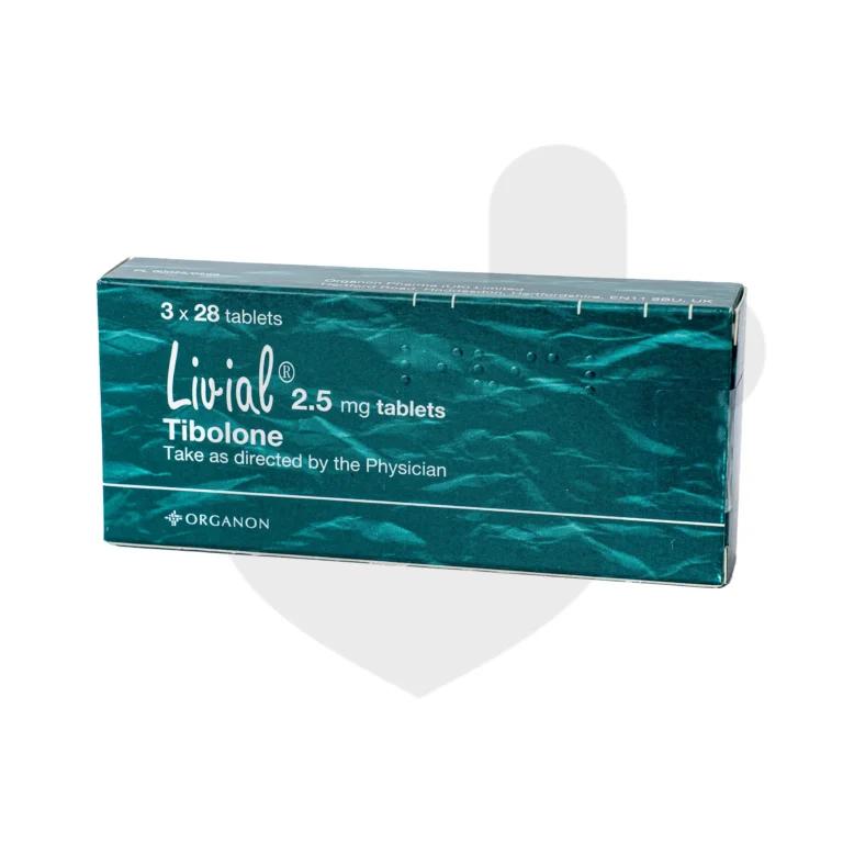 A box of Livial liquid tablets on a white background.