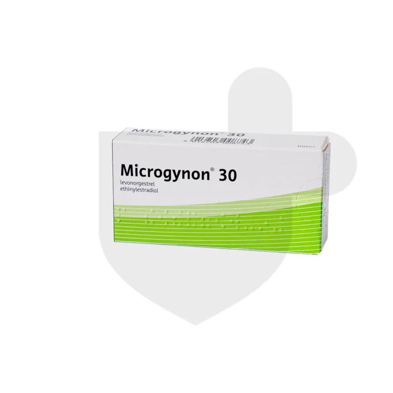 A box of Microgynon 30 contraceptives on a white background.