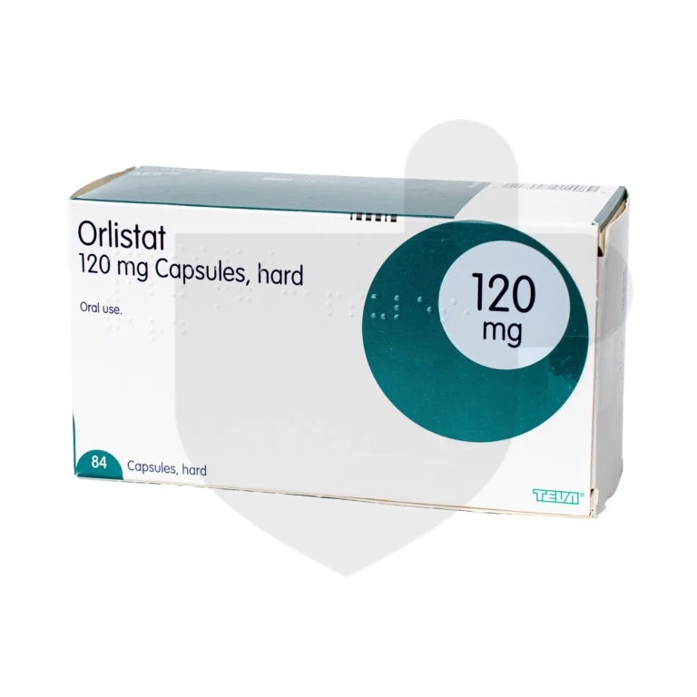 A box of Orlistat 120mg capsules on a white background.
