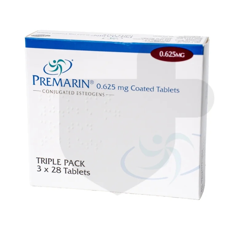 A box of Premarin tablets on a white background.