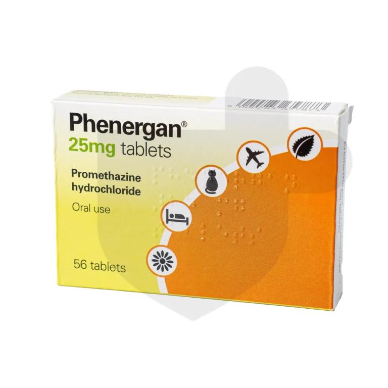 Promethazine (Phenegan) 25mg tablets on a white background.
