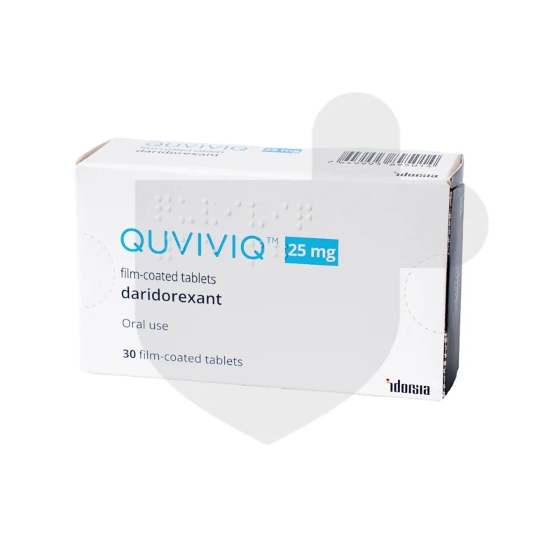 A box of Quviviq tablets on a white background.
