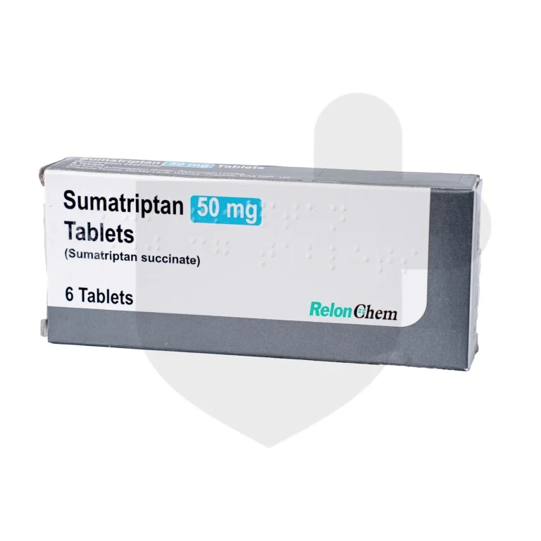 A box of sumatriptan tablets on a white background.