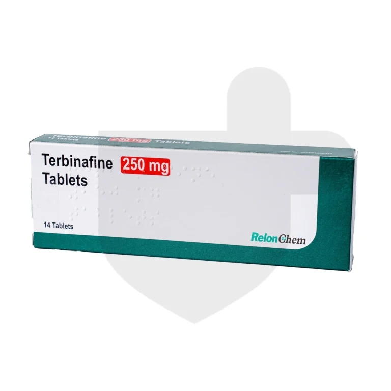 A box of Terbinafine tablets on a white background.