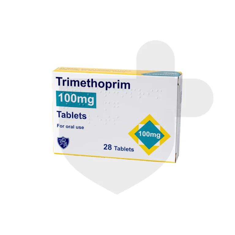 A box of Trimethoprim tablets on a white background.