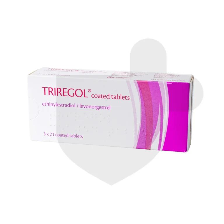 A box of Triregol tablets on a white background.