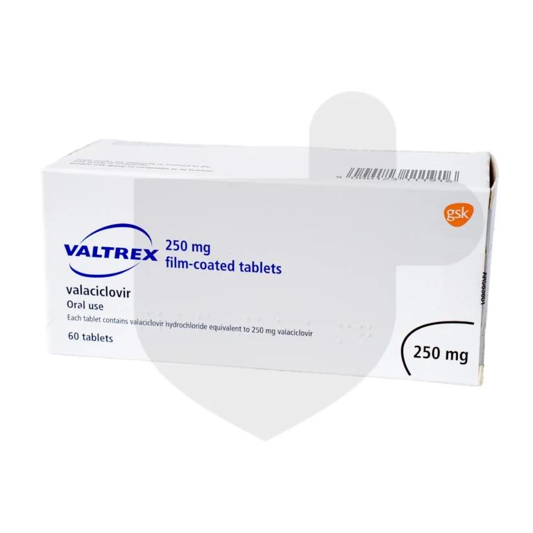 A box of Valtrex tablets on a white background.