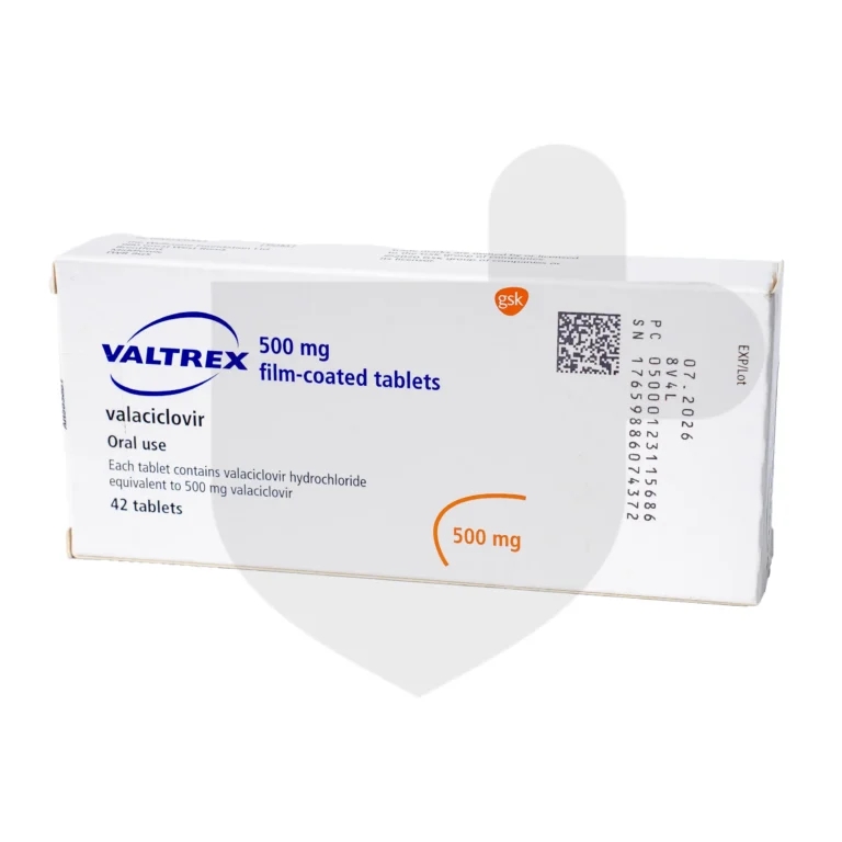 A box of Valtrex tablets on a white background.