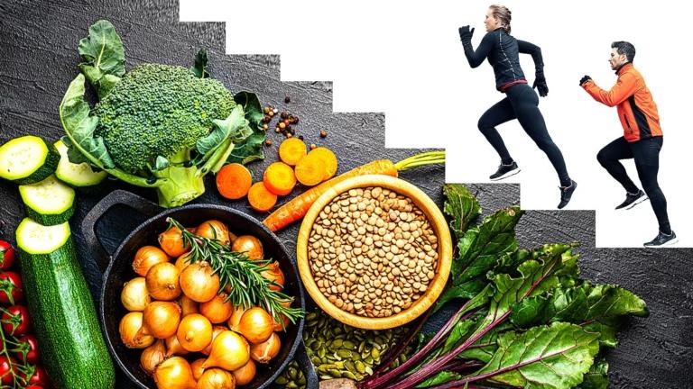 A man and woman, earlier in the day, running up stairs while carrying baskets of vegetables to promote heart health and reduce heart disease risk through regular exercise and nutritious eating meals.