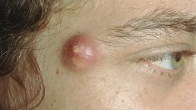 A close up of a person's eye with a red spot.