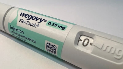 A test tube with the word Wegovy on it.