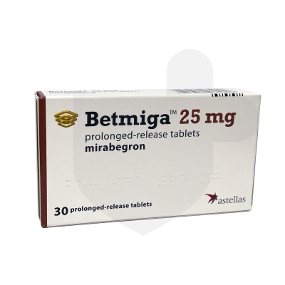 Box of Betmiga 25 mg prolonged-release tablets, contains 30 tablets, manufactured by Astellas.