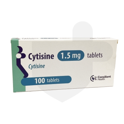 Box of cytisine 1.5 mg tablets, containing 100 cytisine tablets.