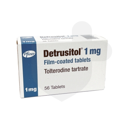 A box of Detrusitol 1 mg film-coated tablets for treating overactive bladder, containing tolterodine tartrate, manufactured by Pfizer.