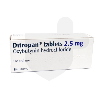 A box of Ditropan (oxybutynin hydrochloride 2.5 mg) containing 84 tablets for oral use, prescribed for overactive bladder.