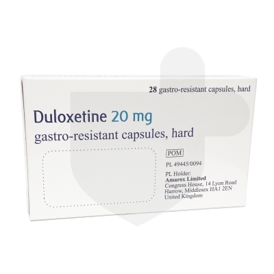 A box of duloxetine 20 mg gastro-resistant capsules for anxiety treatment, medication packaging.