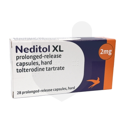 A box of Neditol XL 2mg prolonged-release capsules for medical use.