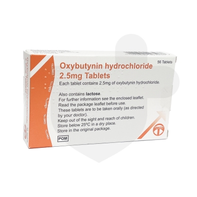A box of 2.5mg oxybutynin hydrochloride tablets for bladder control, with dosage and storage instructions visible.